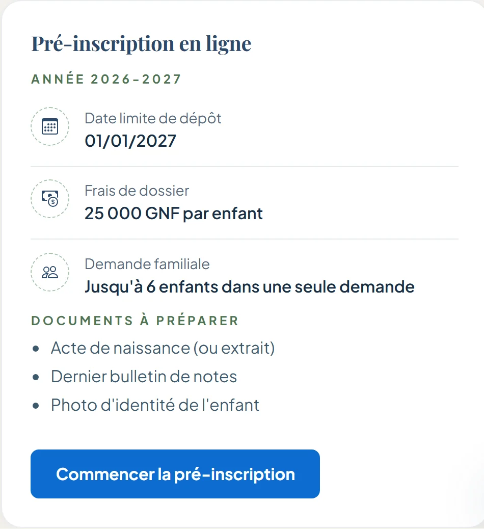 Encadré de la fiche publique d'une école : pré-inscription en ligne pour 2026-2027, date limite de dépôt, frais de dossier, demande familiale jusqu'à 6 enfants, documents à préparer et bouton Commencer la pré-inscription.