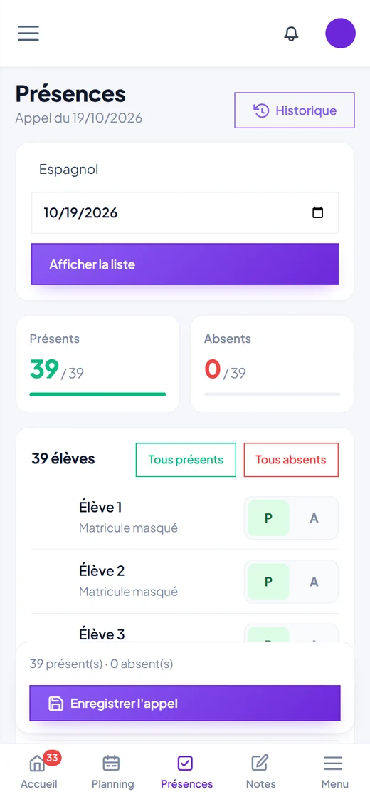 Espace Enseignant sur téléphone : appel d'un cours avec un bouton Présent ou Absent par élève (noms masqués).